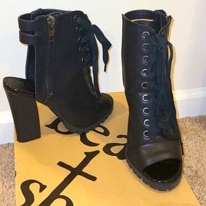 Black peep toe lace up bootie with side zipper